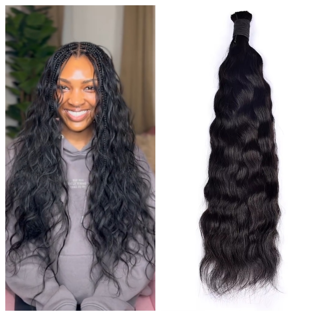 KAMA 100% Virgin Human Hair Bulk for Crochet Boho Braids 100g Unprocessed Natural Braiding Hair Extensions